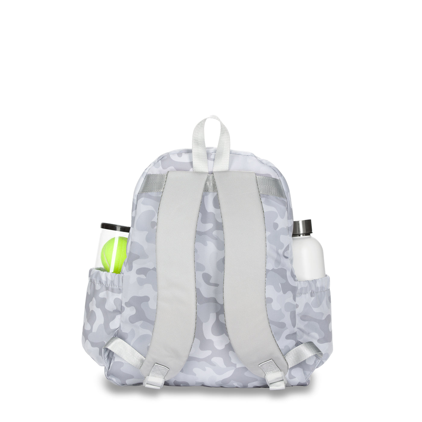 Back view of a grey camo pattern tennis backpack. Side pockets are holding a water bottle and tennis balls.