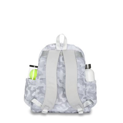 Back view of a grey camo pattern tennis backpack. Side pockets are holding a water bottle and tennis balls.