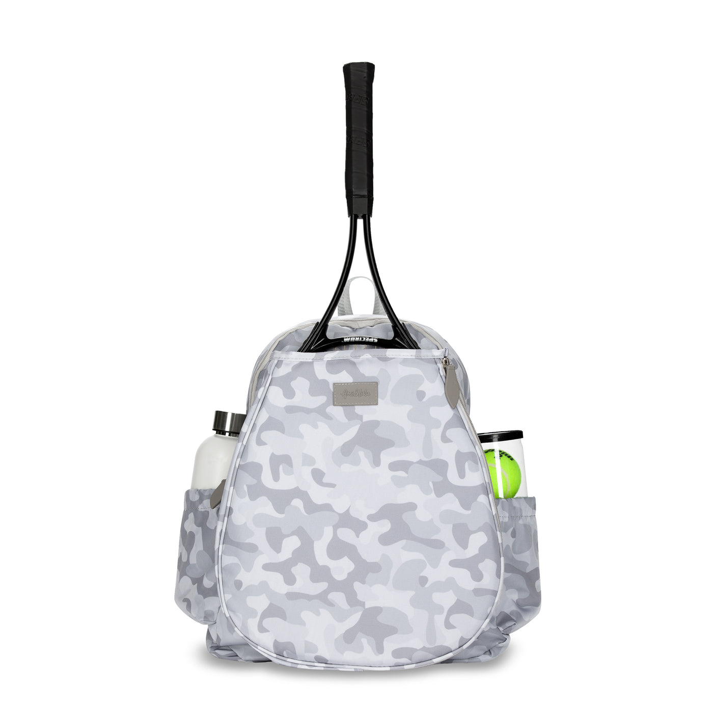 Front view of grey camo tennis backpack with tennis racquet in front pocket. Side pockets are holding a water bottle and tennis balls.