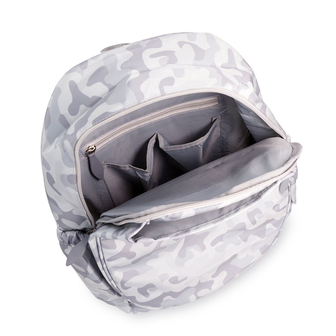Inside view of grey camo tennis backpack showing inside slip and zip pockets.