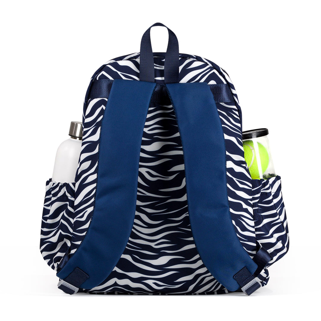 Back view of navy and white tiger pattern game on tennis backpack. Straps are all navy