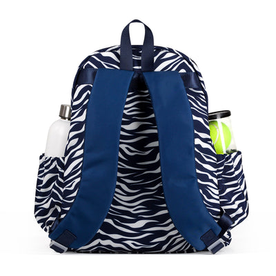 Back view of navy and white tiger pattern game on tennis backpack. Straps are all navy