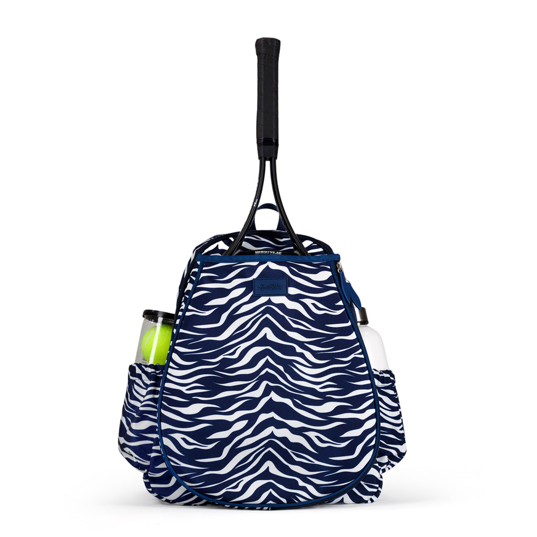Front view of navy and white tiger pattern game on tennis backpack.