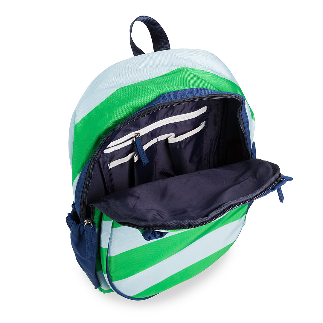 Inside view of blue and green striped tennis backpack. Inside is navy and has pockets inside.