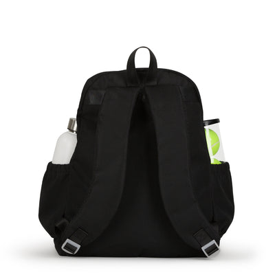 Back view of black game time tennis backpack with a water bottle and tennis balls in the side pockets.