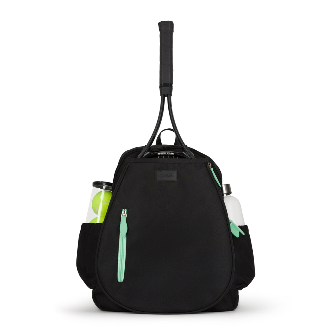 Front view of black game time tennis backpack with mint green zipper on front pocket. There is a tennis racquet in front pocket and water bottle and tennis balls in side pockets.