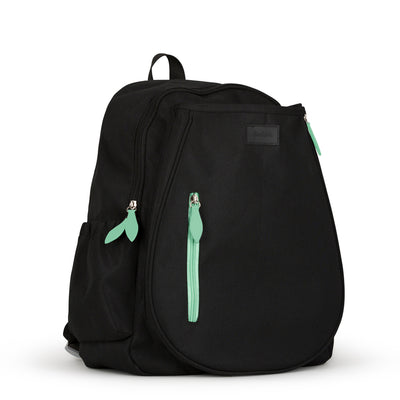 Side view of black game time tennis backpack with mint green front zipper and mint green zipper pulls.