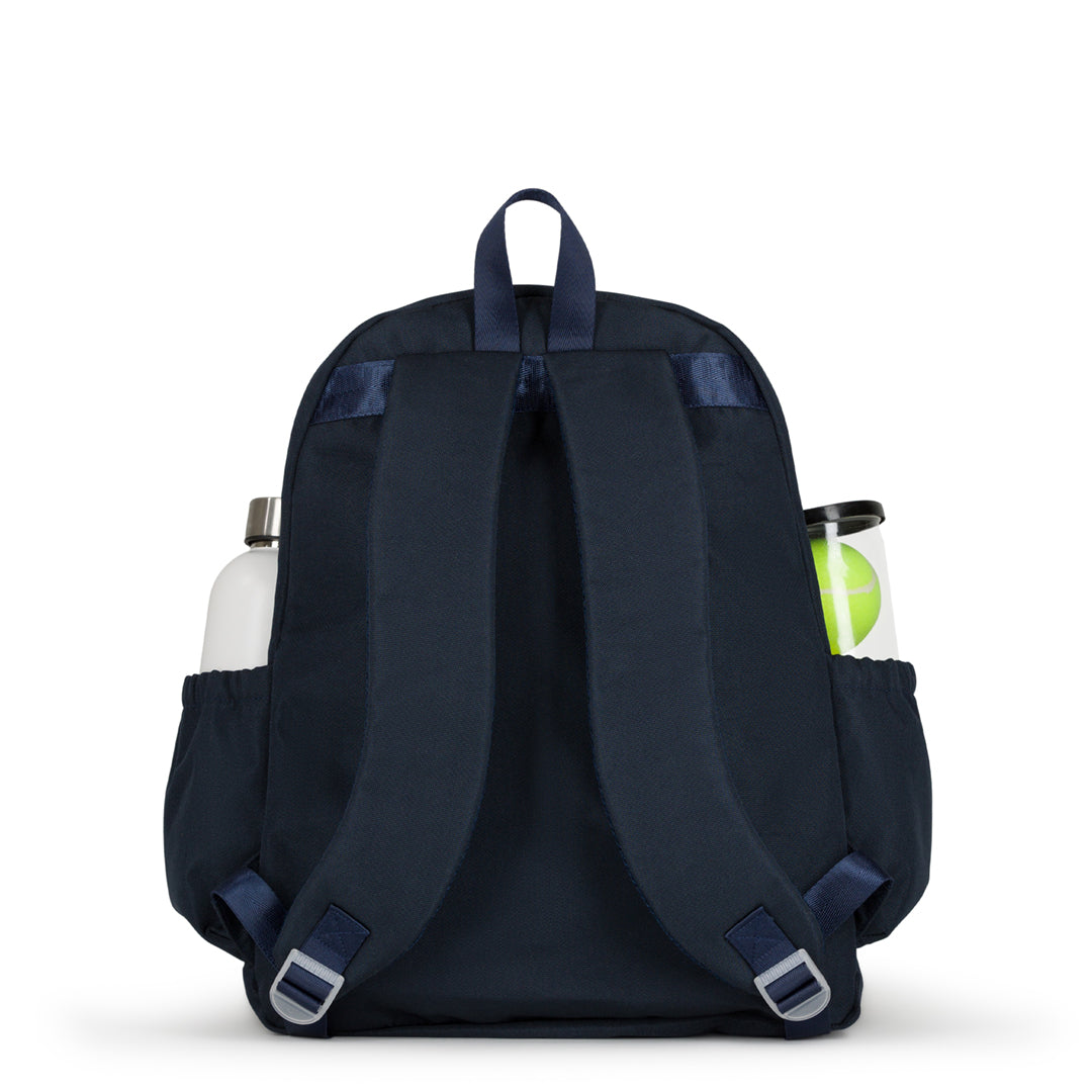 Back view of navy tennis backpack