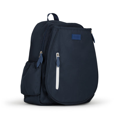 Side view of navy game time tennis backpack with white zipper on the front pocket.
