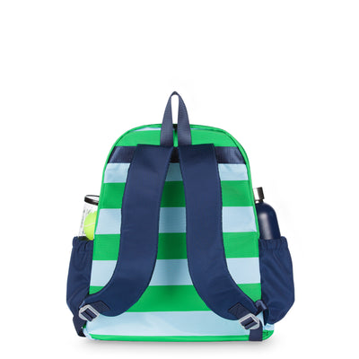 Back view of green and blue striped tennis backpack. Backpack has navy side pockets holding a water bottle and tennis balls. Backpack straps are navy.