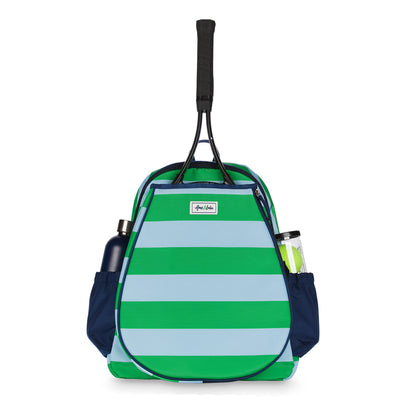 Front view of green and blue striped tennis backpack. Backpack has navy side pockets holding a water bottle and tennis balls.