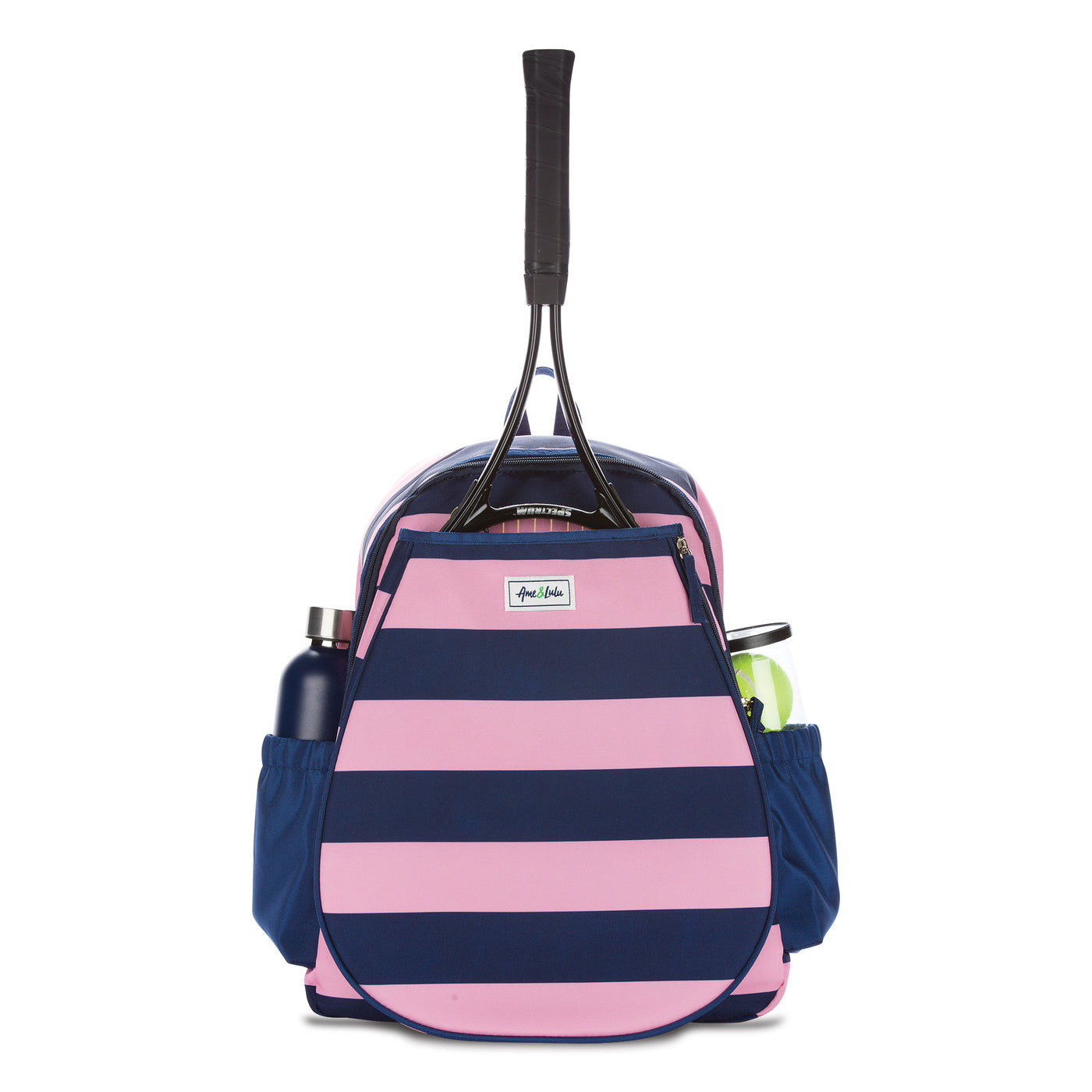 Front view of navy and pink striped tennis backpack. There is a tennis racquet in the front pocket and a water bottle and tennis balls in the side pockets.