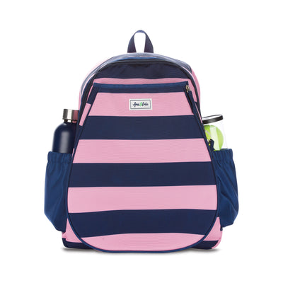 Front view of navy and pink striped tennis backpack. There is a water bottle and tennis balls in the side pockets.