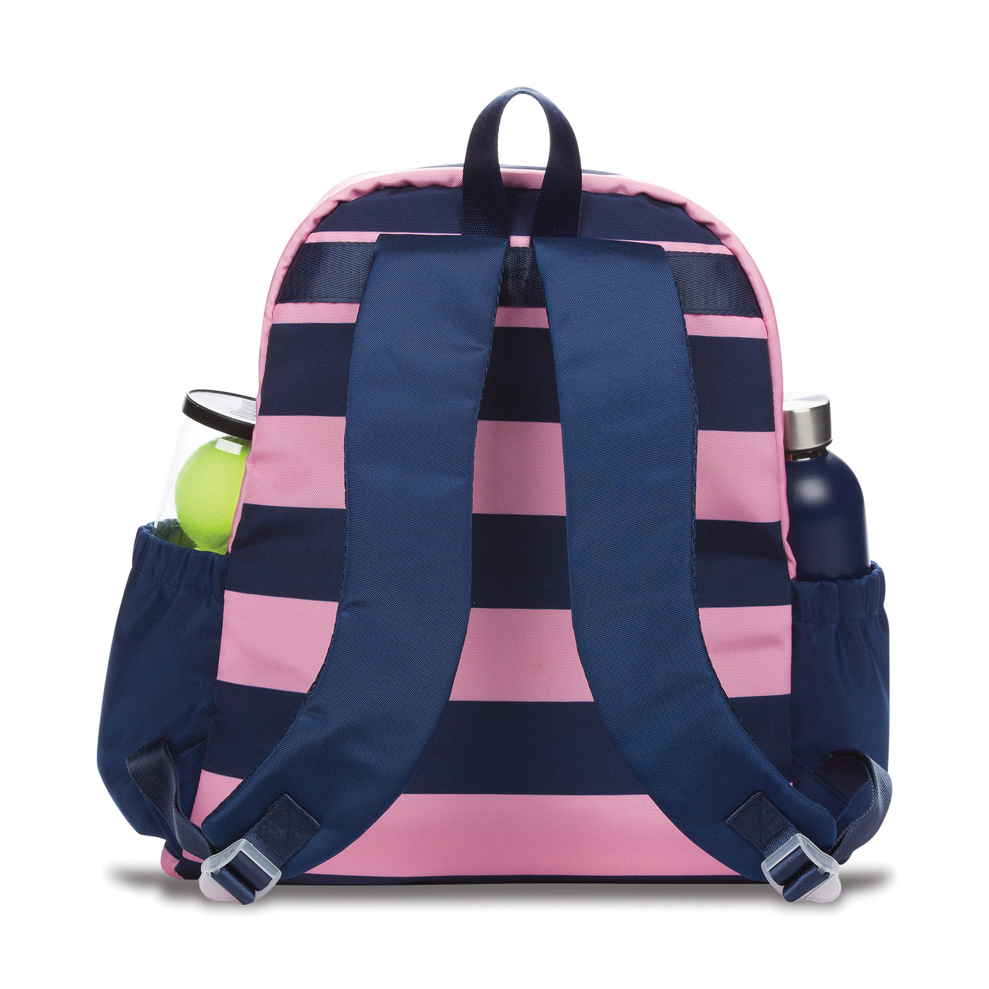 Back view of navy and pink striped tennis backpack. Backpack has navy straps and a water bottle and tennis balls in the side pockets.