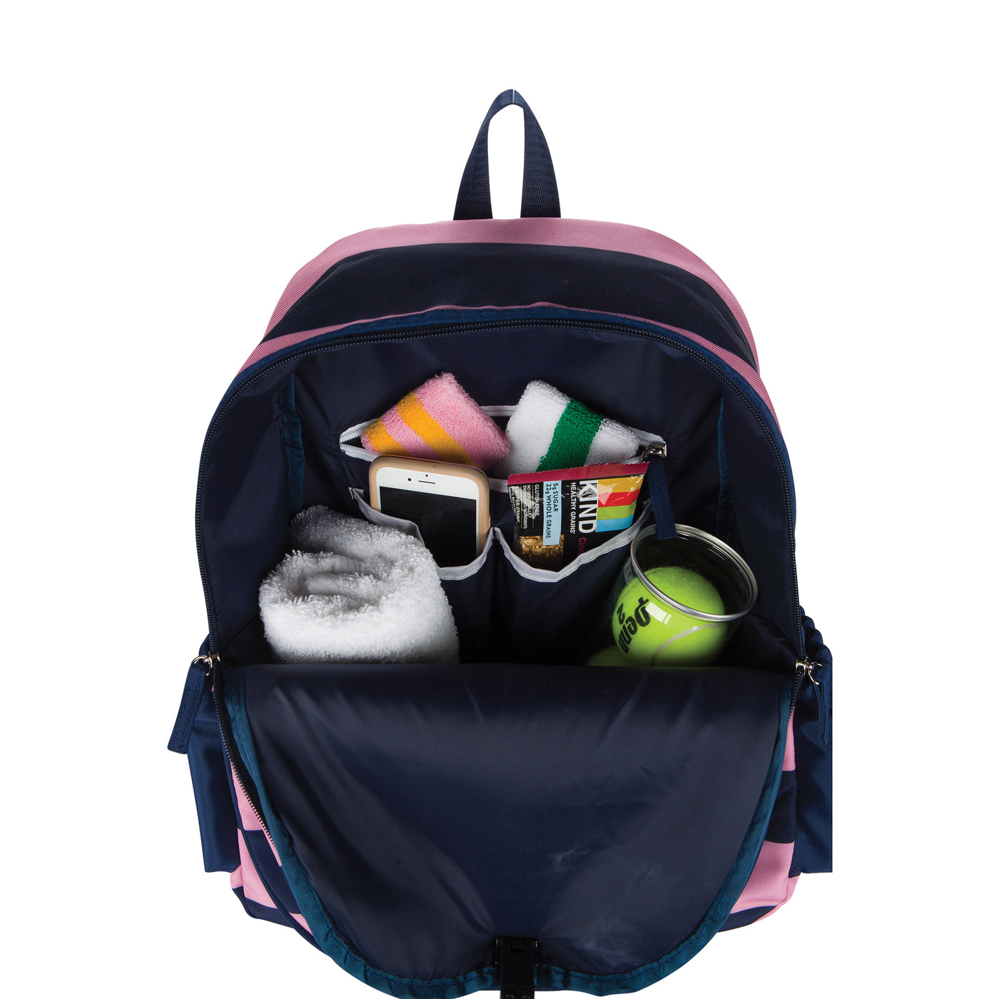 Inside view of navy and pink striped tennis backpack showing a tennis ball, phone, towel and granola bar inside the backpack.