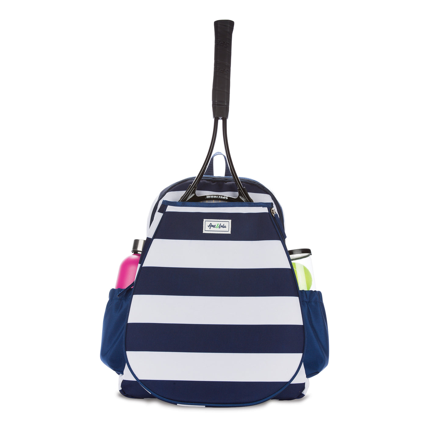 Front view of navy and white striped tennis backpack with a tennis racquet in the front pocket. There is a water bottle and tennis balls in the side pockets.