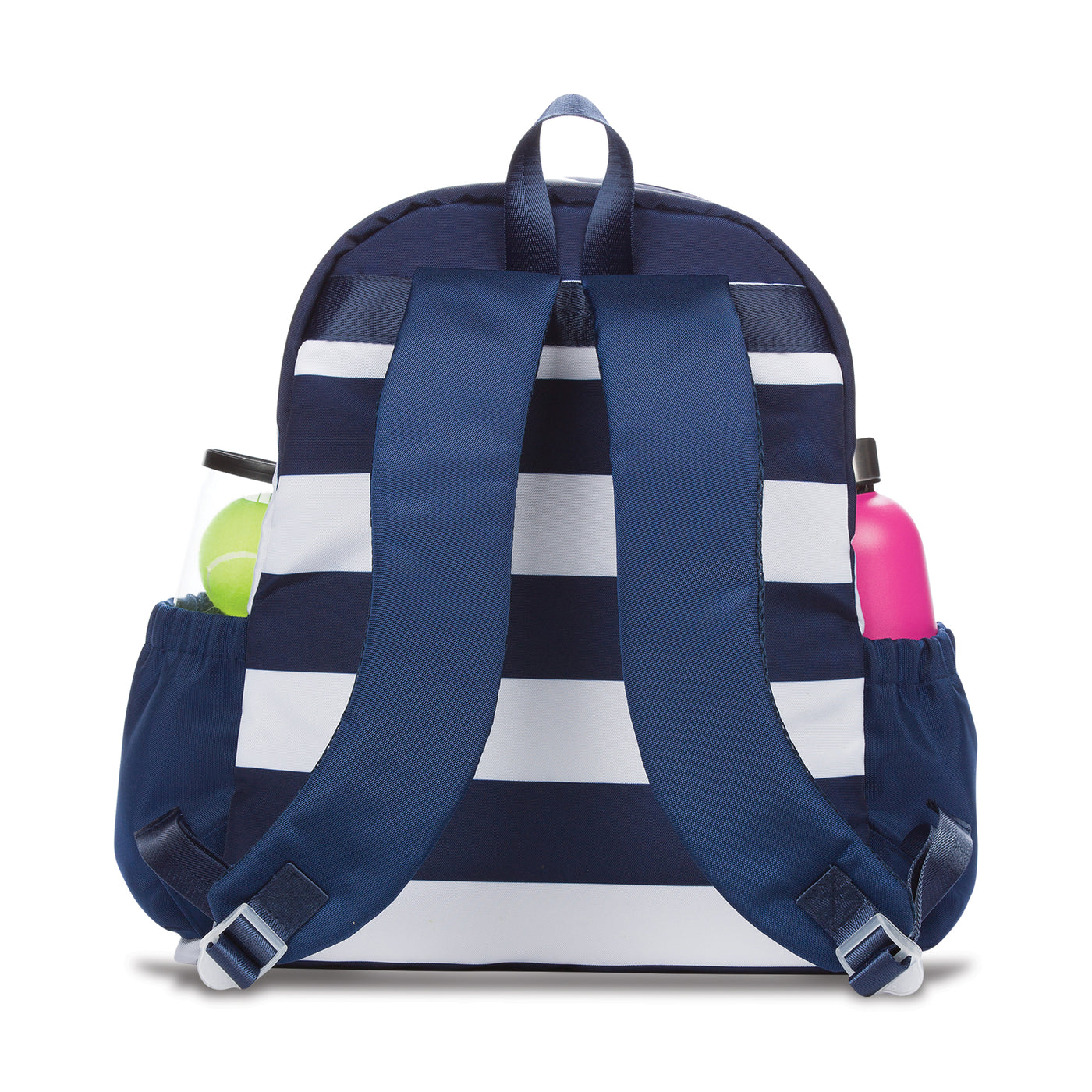 Back view of navy and white striped tennis backpack, with a water bottle and tennis balls in the side pockets.