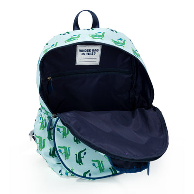 inside view of blue kids tennis backpack with navy trim and repeat green alligator pattern