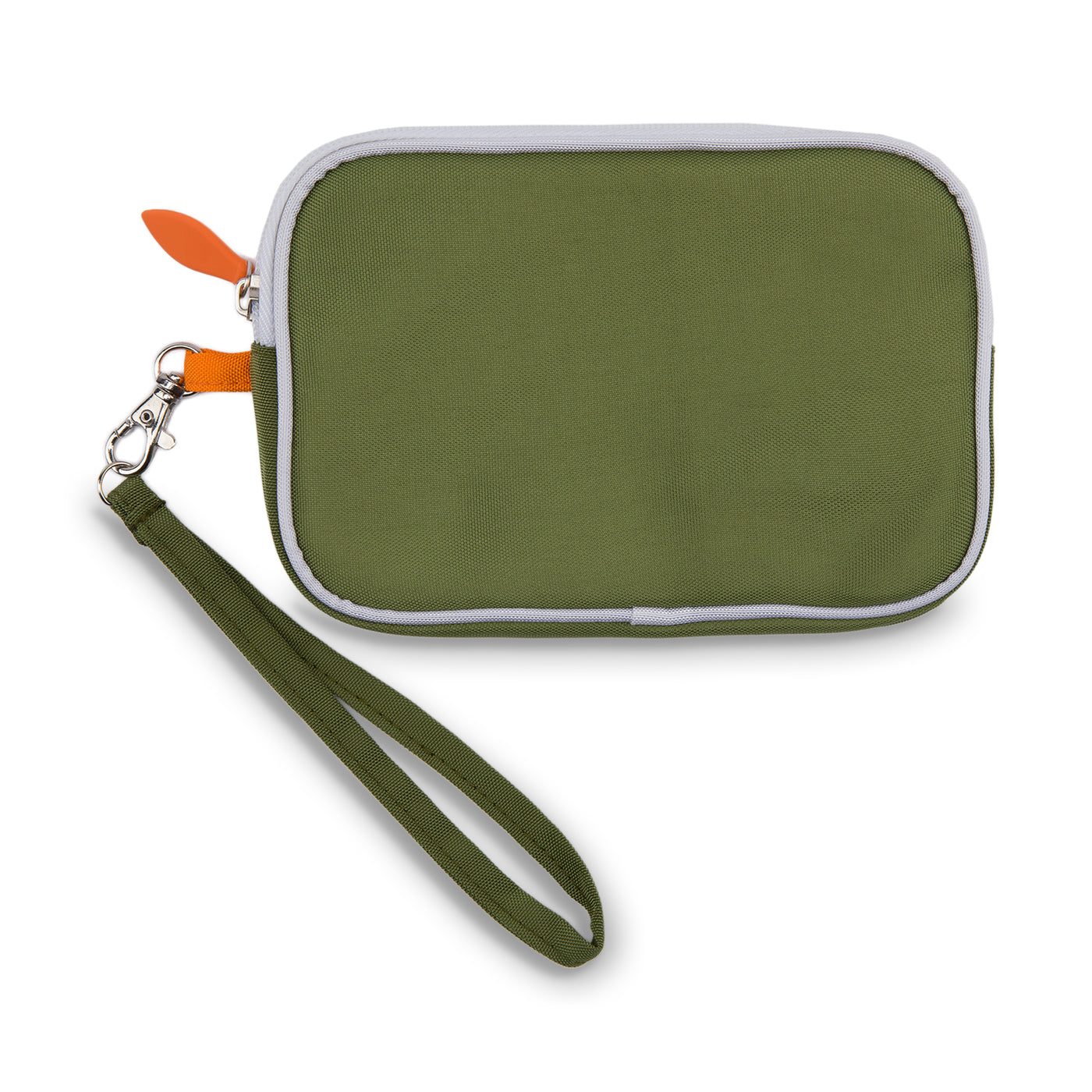 army green color rectangular wristlet with orange zippers and white trim