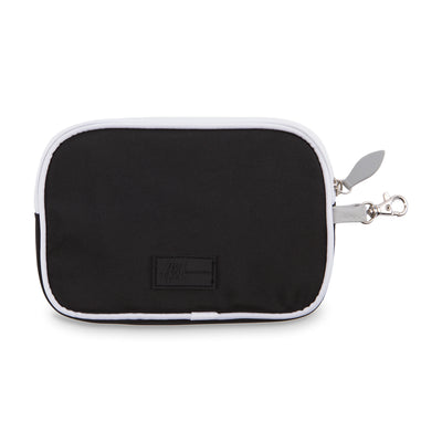 back view of black rectangular wristlet with grey zipper and white trim