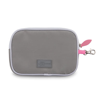 back view of grey rectangular wristlet with light pink zippers and white trim
