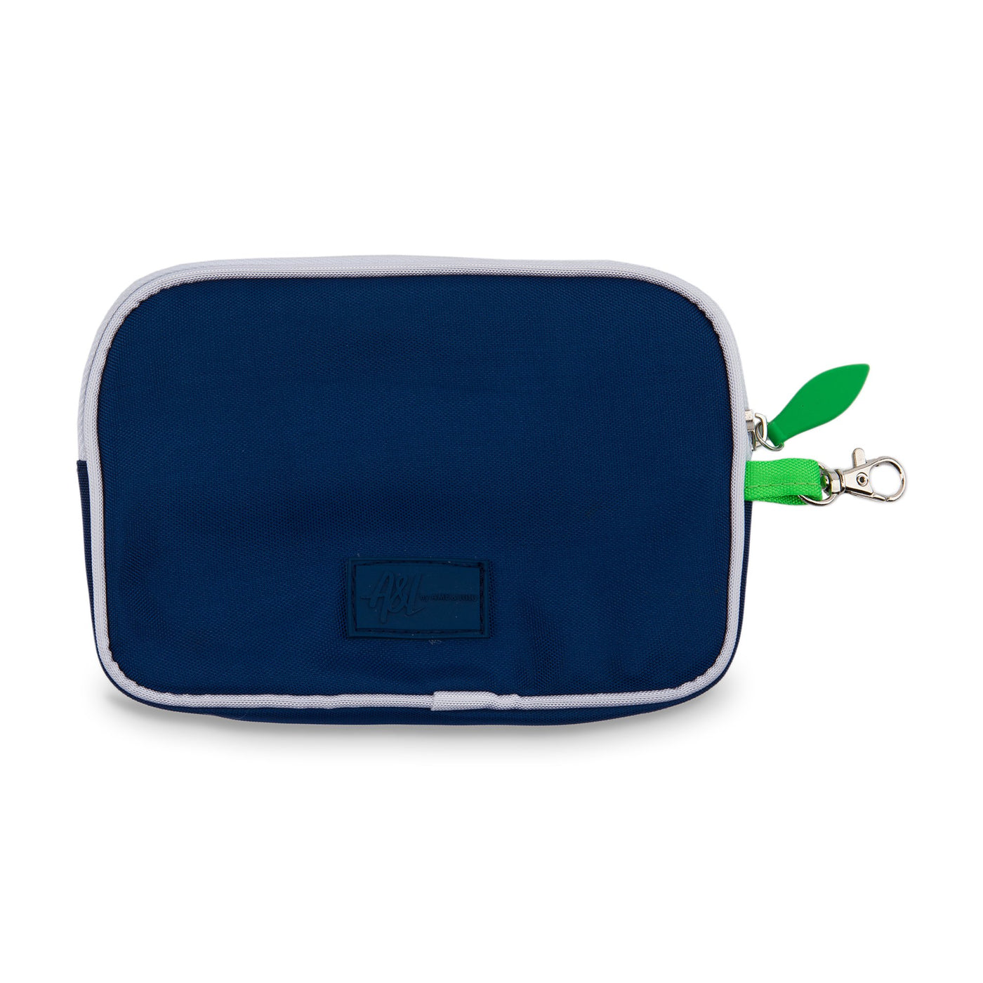 back view of navy rectangular wristlet with green zippers and white trim