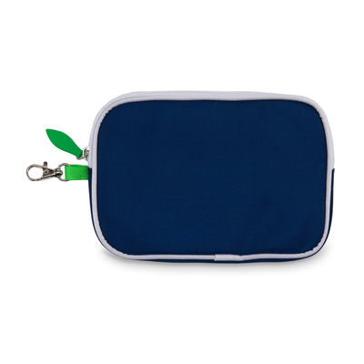 navy rectangular wristlet with green zippers and white trim