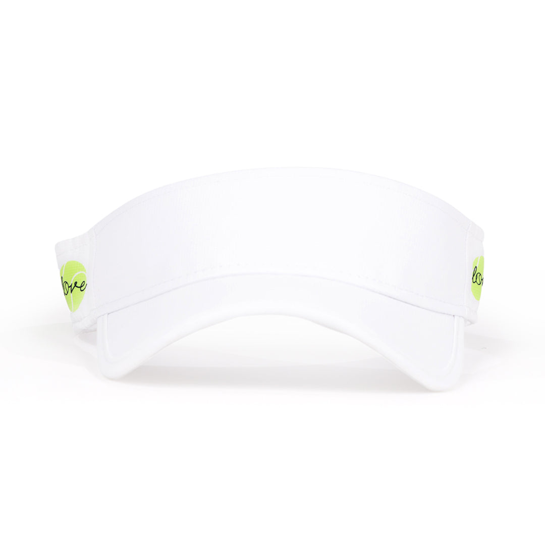 Front view of green ace head in the game visor. Visor is all white with lime green tennis balls and the word love in cursive printed on the side.