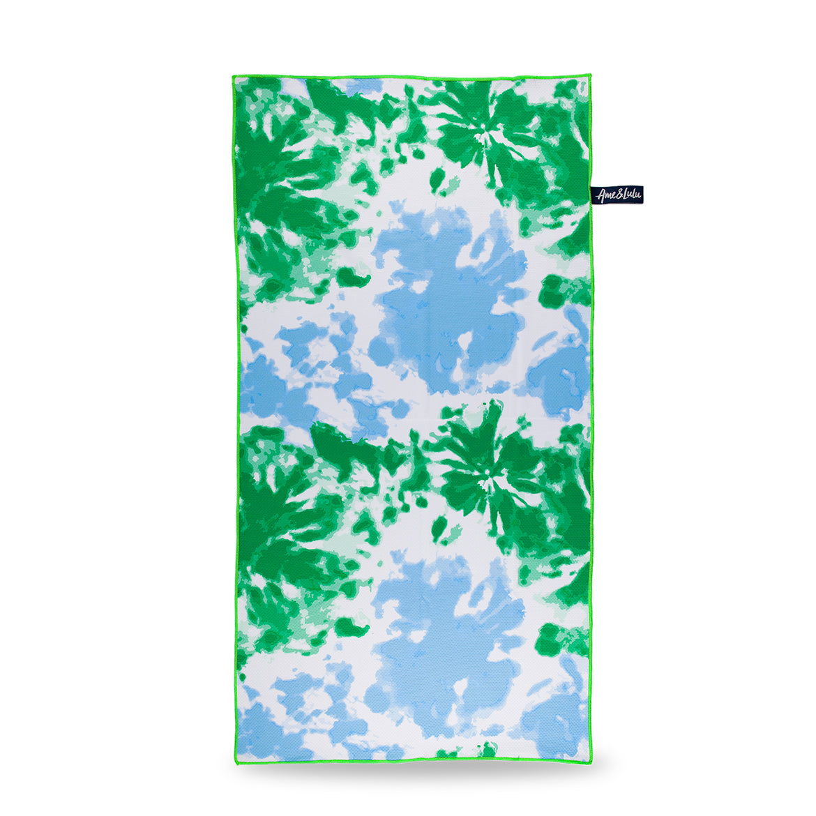 rectangular towel printed with green and blue tie dye pattern.