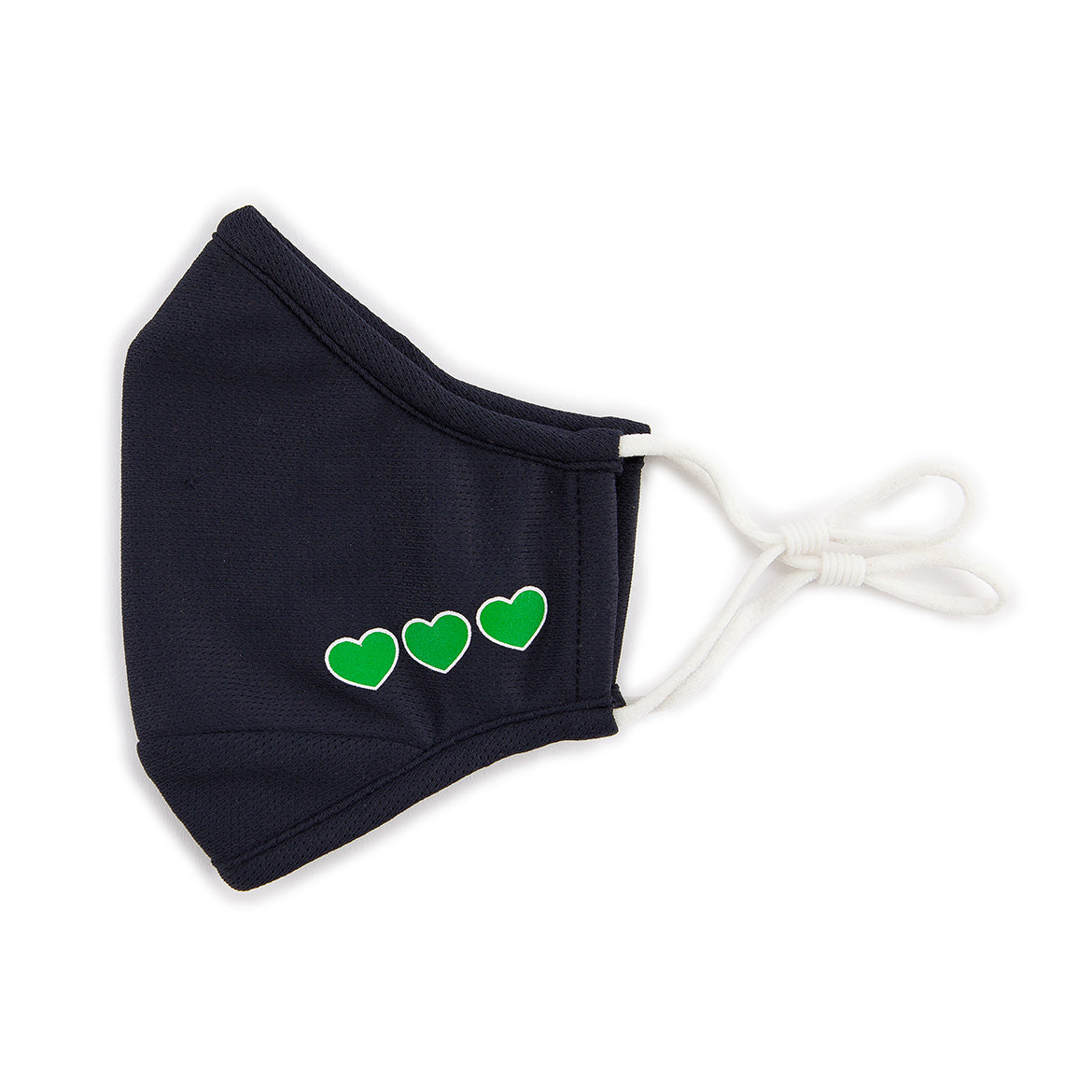 Navy face mask with green hearts printed on one side
