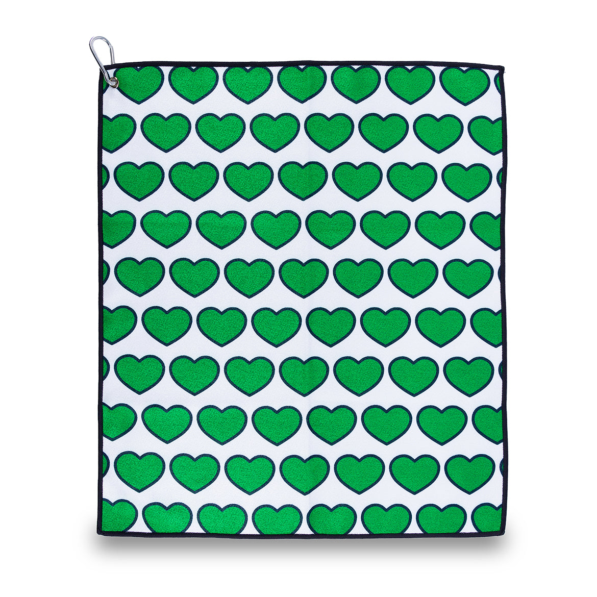 white towel with green heart pattern
