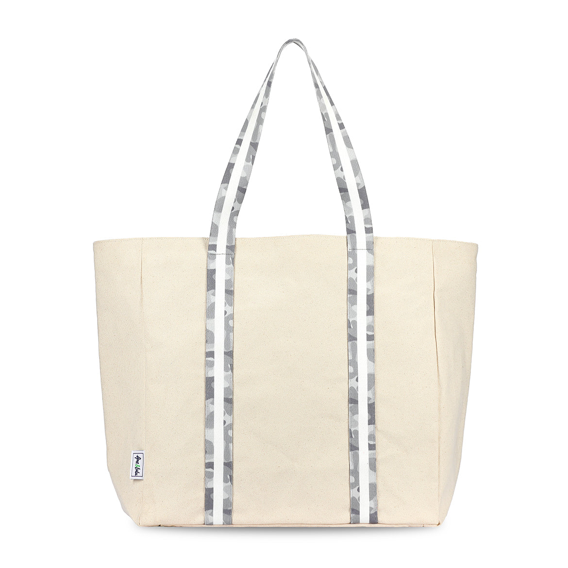 natural canvas tote with grey camo cotton webbing straps