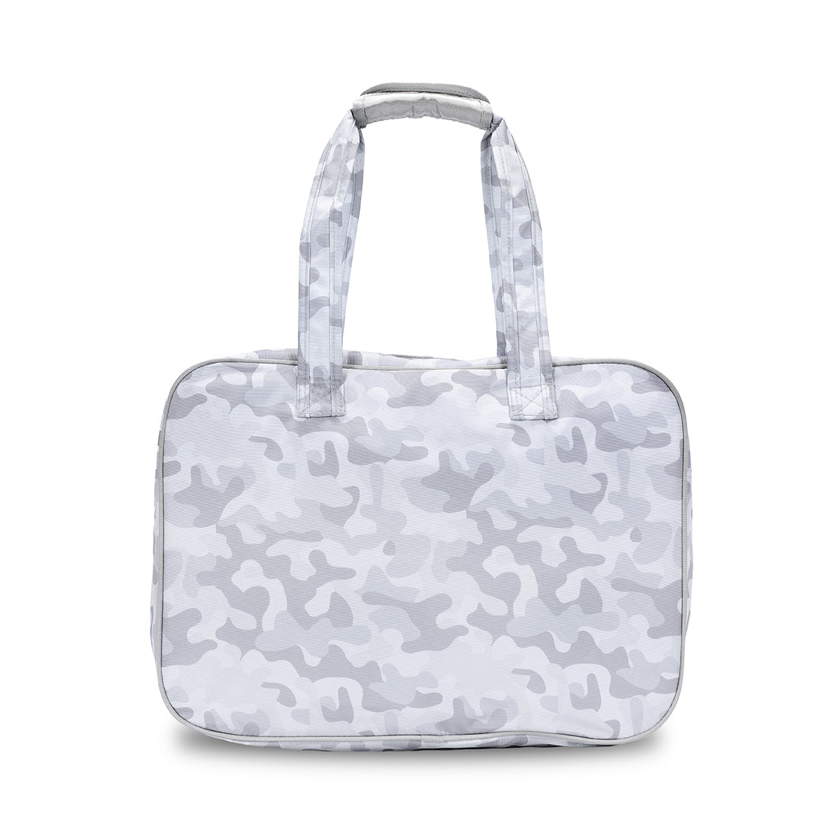 back view of grey camo pattern pickleball tote