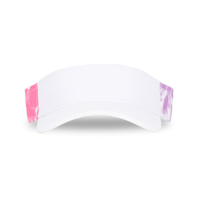 front view of pink and purple tie dye kids visor.