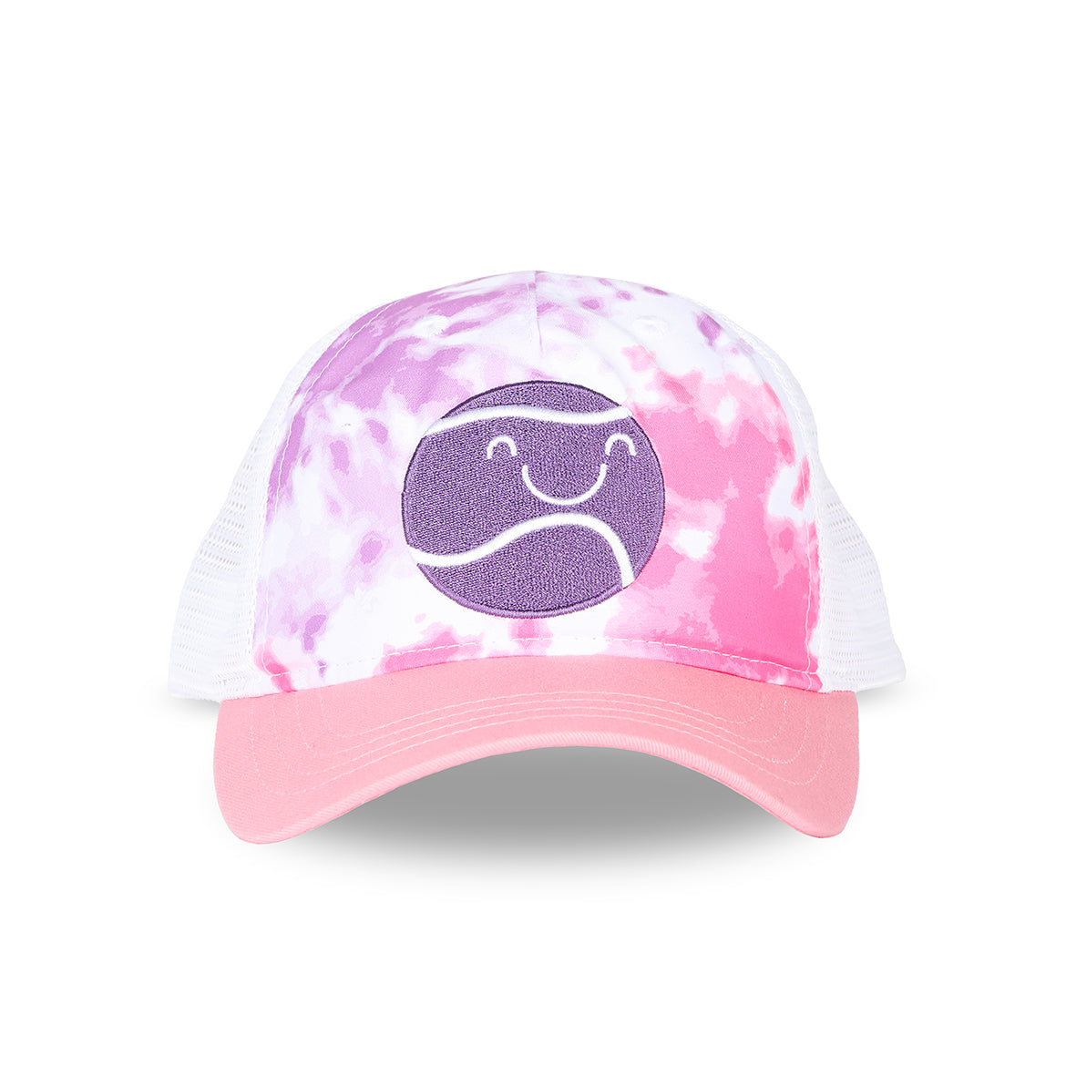 Front view of pink purple and white tie dye kids trucker hat with purple smiling tennis ball embroidered on front