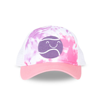 Front view of pink purple and white tie dye kids trucker hat with purple smiling tennis ball embroidered on front