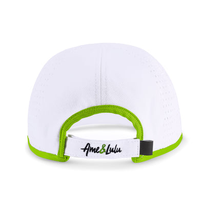 back view of white sport hat with lime green trim.
