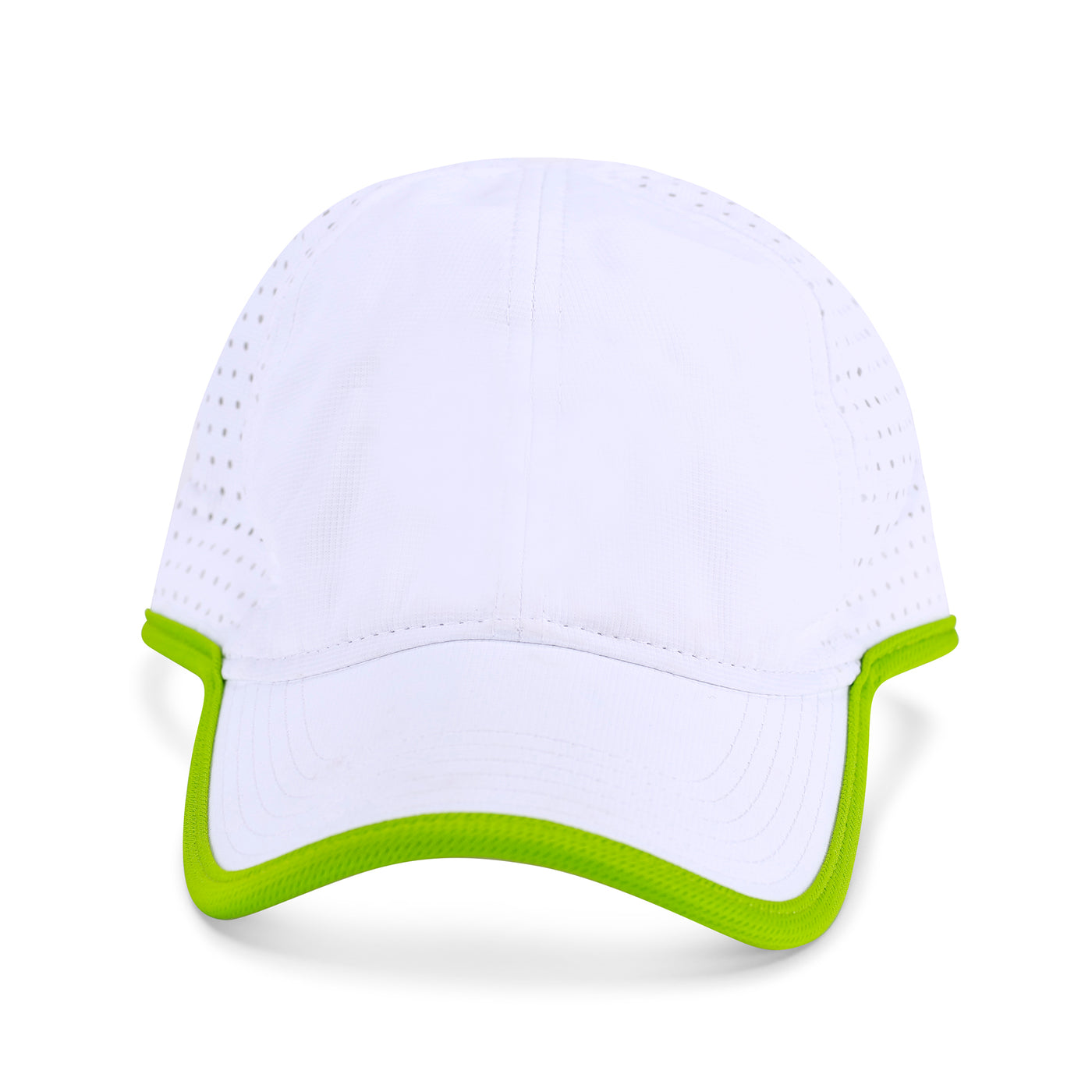 front view of white sport hat with lime green trim.