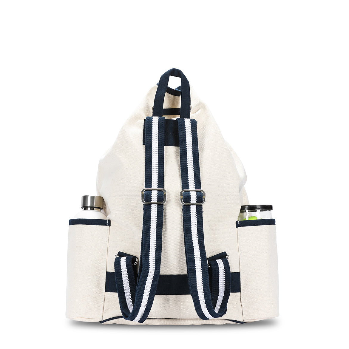 Back view of canvas tennis backpack with navy trim and straps
