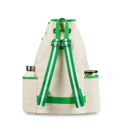 Back view of canvas tennis backpack with lime green trim and straps.