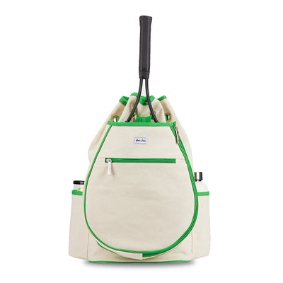 Front view of canvas tennis backpack with lime green trim and tennis racquet in front pocket.
