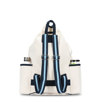 Back view of canvas tennis backpack with navy and blue straps