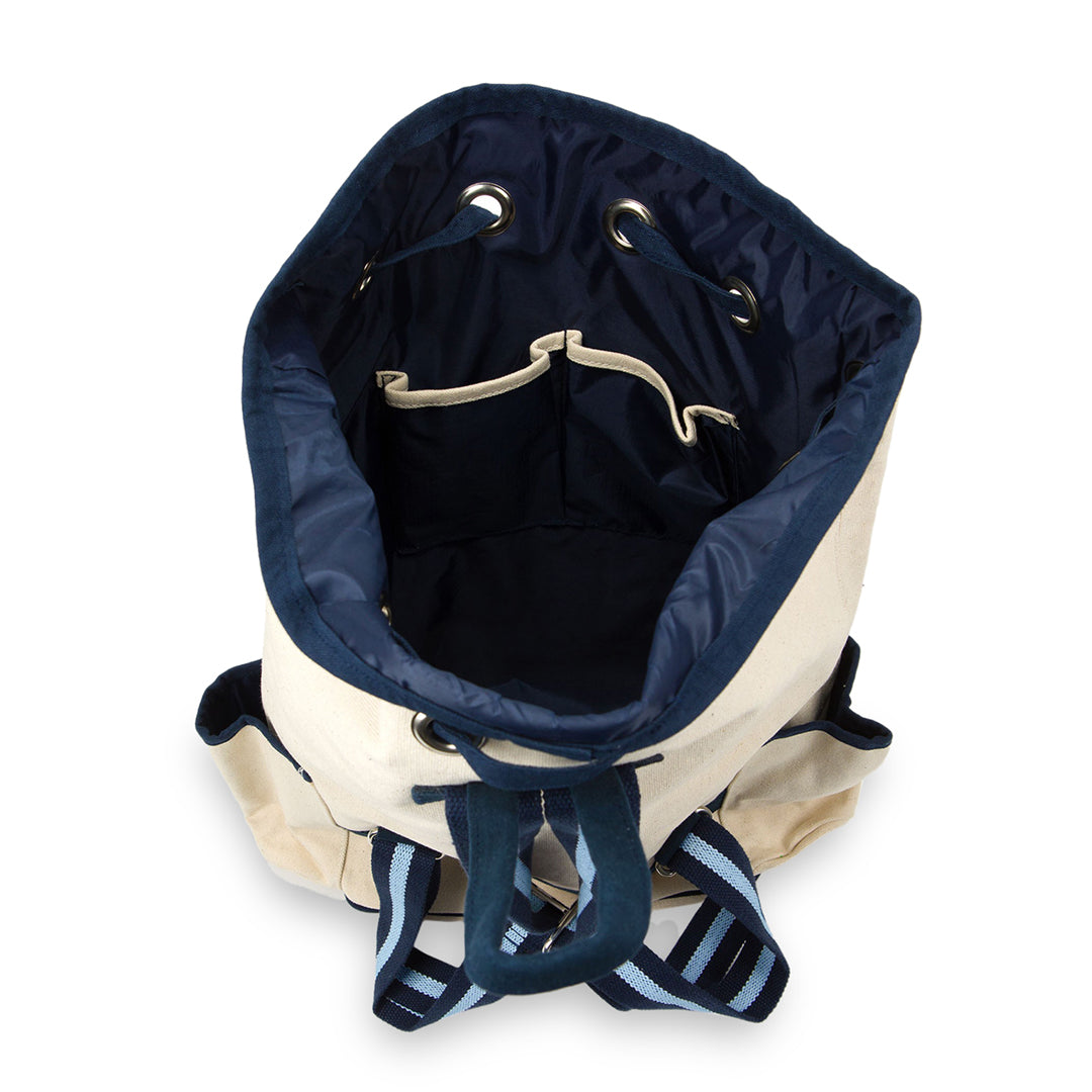 Inside view of canvas tennis backpack with navy interior