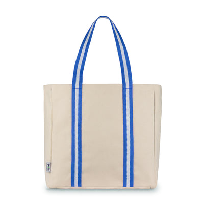 natural canvas tote with blue and white cotton webbing straps