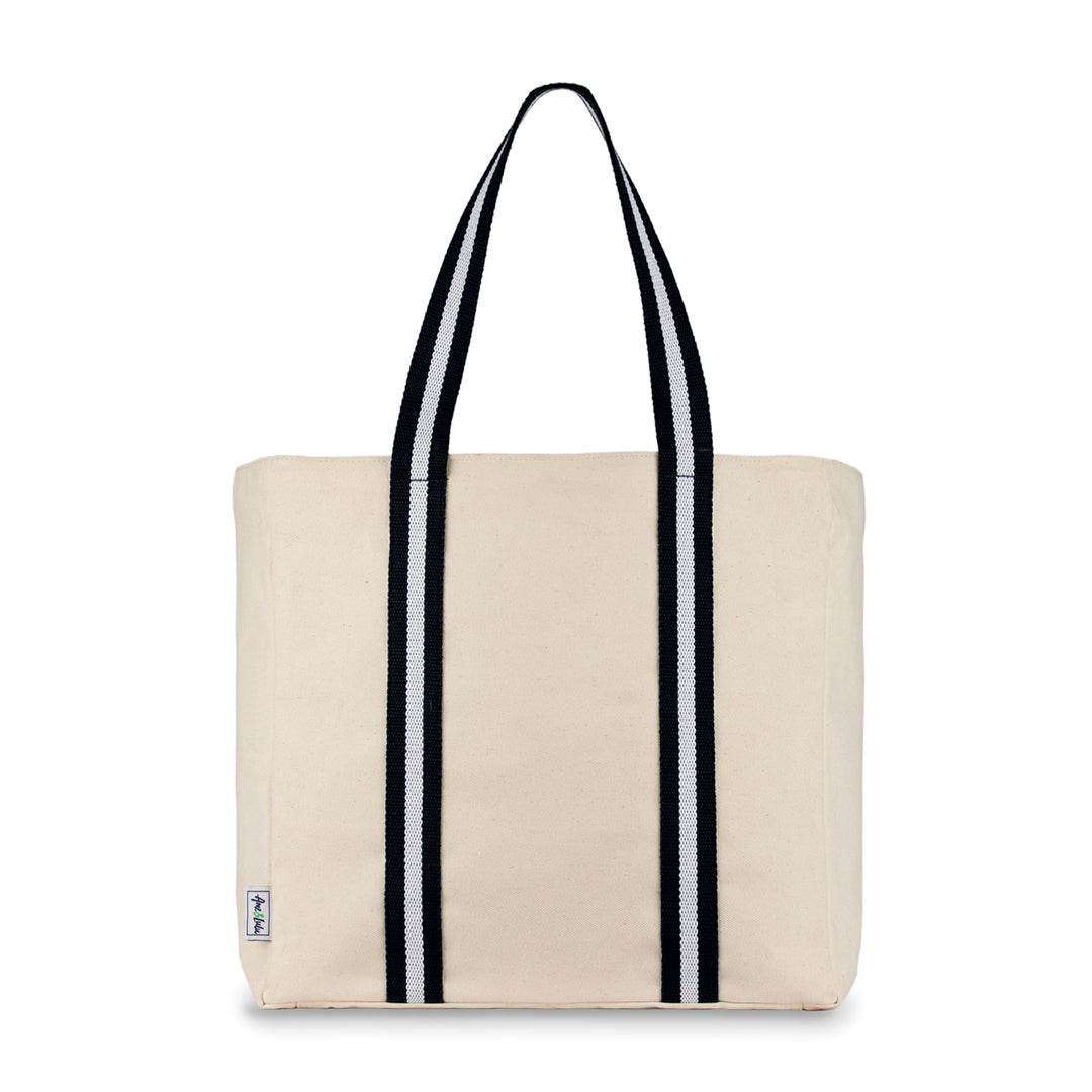 natural canvas tote with black and white cotton webbing straps