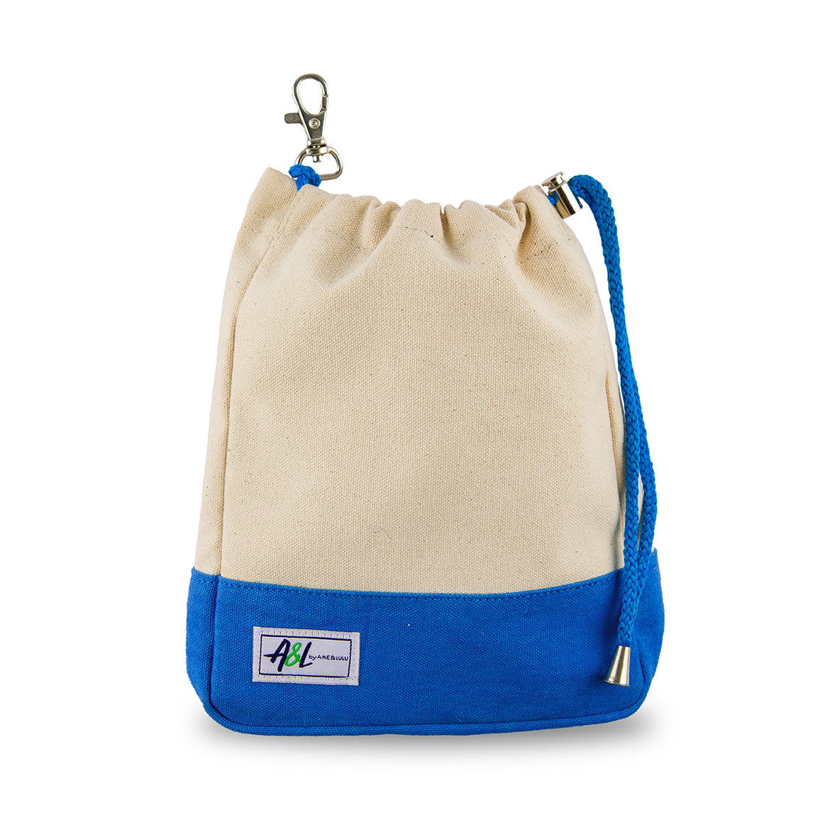 tan canvas small drawstring pouch with blue trim.