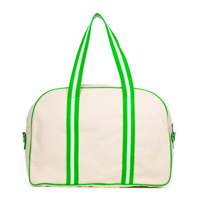 back view of natural colored canvas pickleball bag with green cotton webbing straps