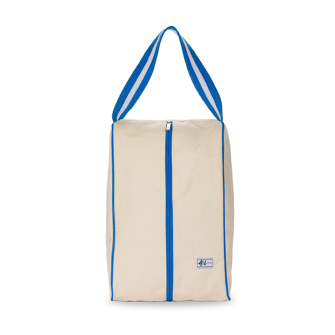 rectangular tan canvas shoe bag with bright blue handles.
