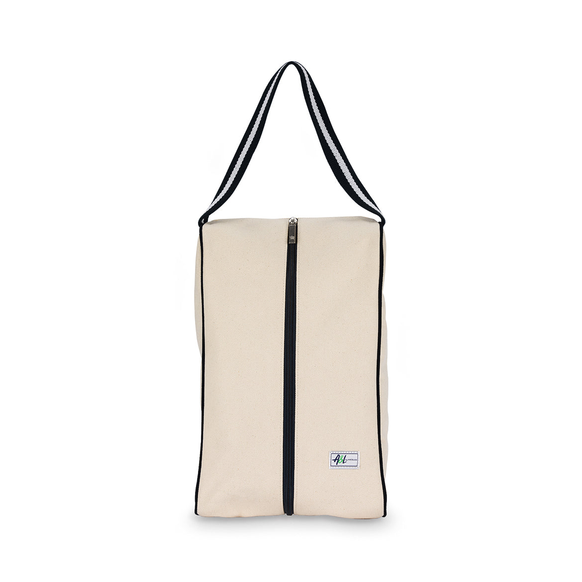 rectangular tan canvas shoe bag with black handles.