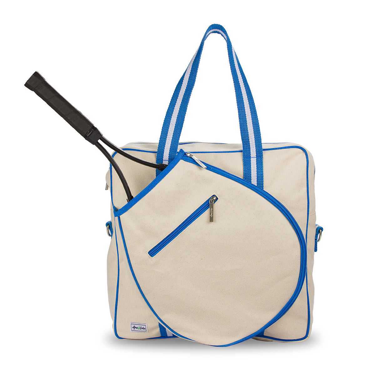 Front view of large canvas tennis tote with bright blue trim and handles. Bag has front pocket for tennis racquet